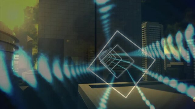 Rotating neon tunnel showing nested diamond outlines and four pulsing beams over rooftop skyline