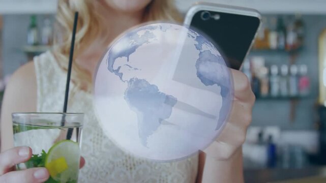 Woman tapping phone at bar, summoning AR globe, tech demo expanding, rotating, shrinking near glass