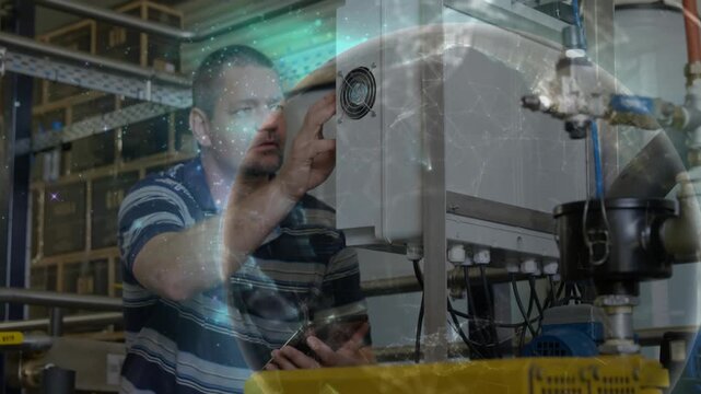 Tech tapping panel and tuning machine in manufacturing, globe overlay linking tablet for checks
