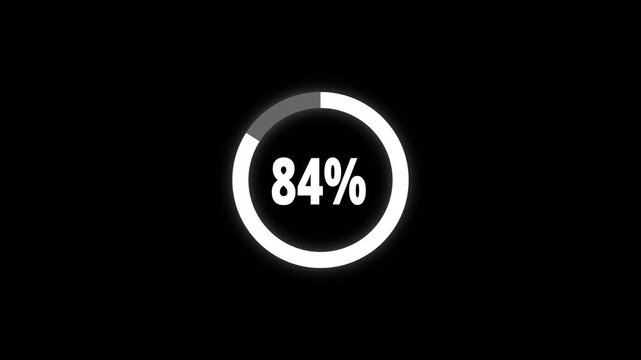 Abstract pie chart with 84 percent progress bar animation. Pie chart business and finance visual data representation for sales and statistics on black background. 4k video