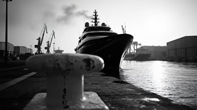 Black and white view of a luxury yacht with steam rising from the smokestack in a harbor at sunset.