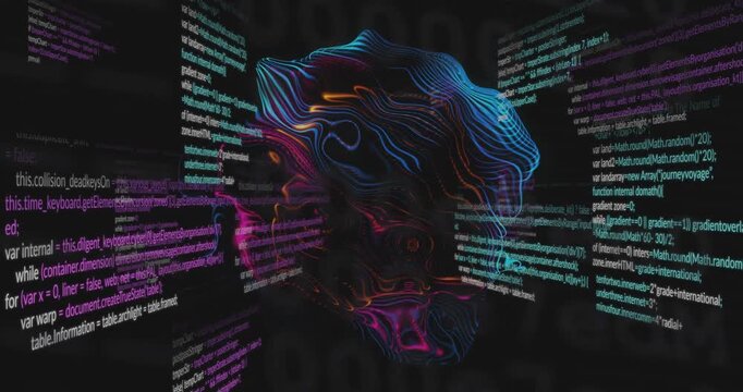 On play neon sculpture rotating while code panels sliding, scrolling forming face to show tech flow