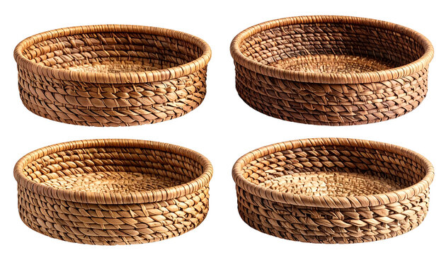 Four round woven baskets arranged in a 2x2 grid, each with a natural texture