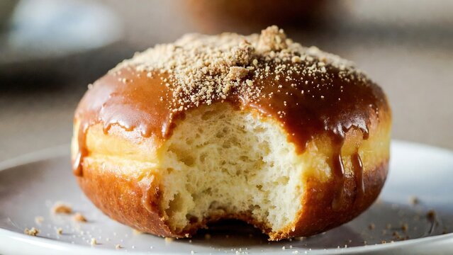 Delicious bitten donut with caramel glaze and crumbs on a plate