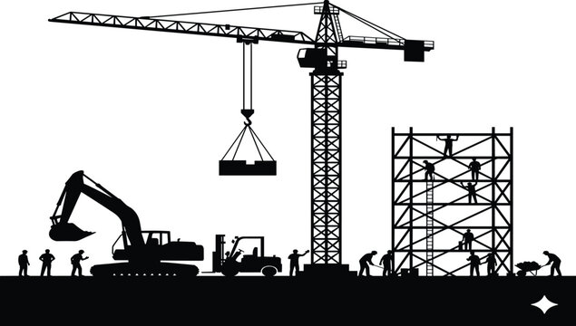 Construction site silhouette with tower crane forklift excavator and workers on scaffolding for building project urban development and industrial engineering design vector illustrations.