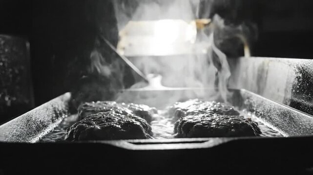 Low angle of sizzling burgers cooking on a griddle, steam rising from the hot meat, food preparation