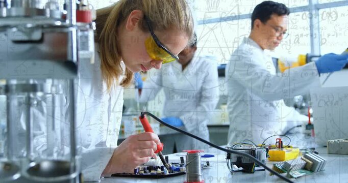 Woman in tech picking soldering iron, fixing PCB for tests with animated markers overlaying joints
