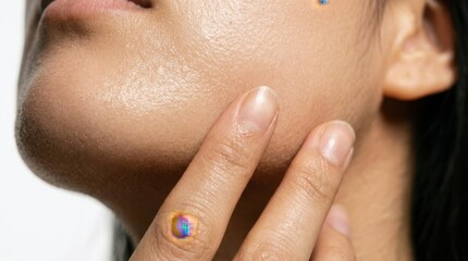 Naklejka premium Close-up of radiant, healthy skin with fingers gently touching, featuring subtle iridescent digital pixel patches on the hand, symbolizing advanced skincare, beauty tech, and future wellness.