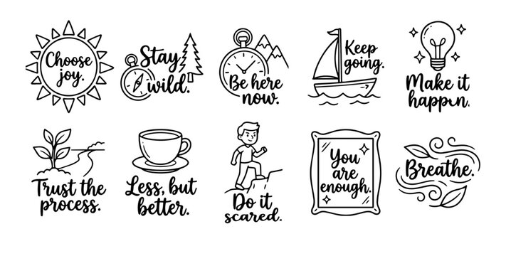 Motivational Quote Line Art Clipart Set &mdash; 10 Inspirational Word Art Doodle Stickers 