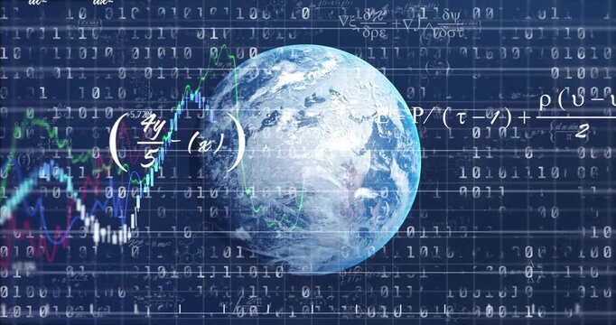 Binary digits rising, 3D Earth rotating while charts and equations animating and visualizing data