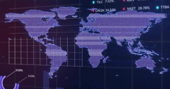Purple world map analytics dashboard pulling live feed expanding grids, plotting graphs and tickers