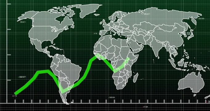 On data feed start neon-green zigzag line traveling across map for finance, updating numeric labels