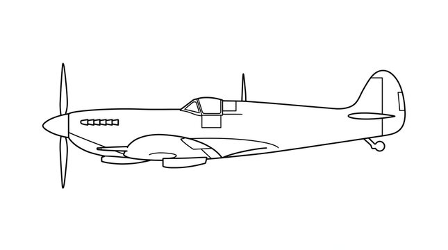 A detailed line drawing of a classic WWII fighter airplane, showcasing its aerodynamic design and powerful propeller engine