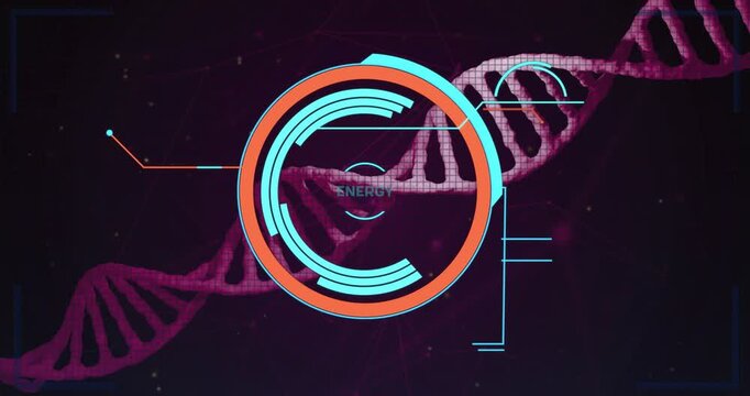Magenta DNA helix centering, cyan marker appearing, HUD expanding and updating energy launch values