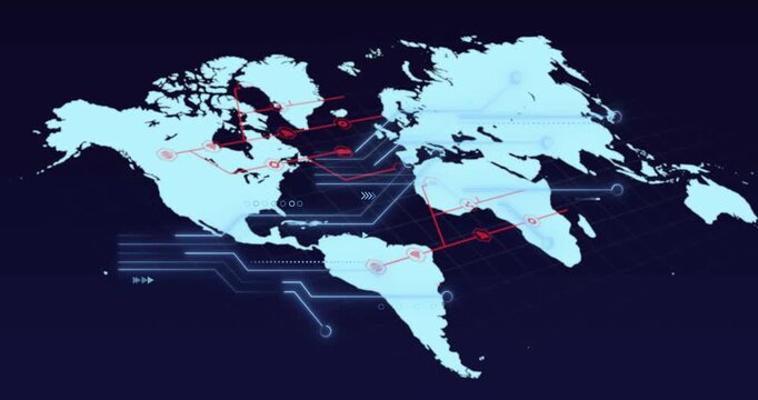 Stylized cyan map showing appearing node markers pulsing and drawing red links mapping world routes