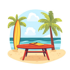 Obraz premium Summer Beach Table Cartoon Vector Illustration