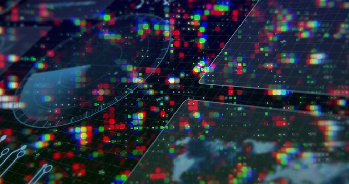 Camera panning and zooming, RGB pixel field coalescing into bright node revealing tech UI panels