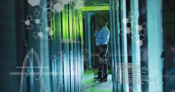 IT engineer getting alert and inspecting server racks, HUD telemetry highlighting faults