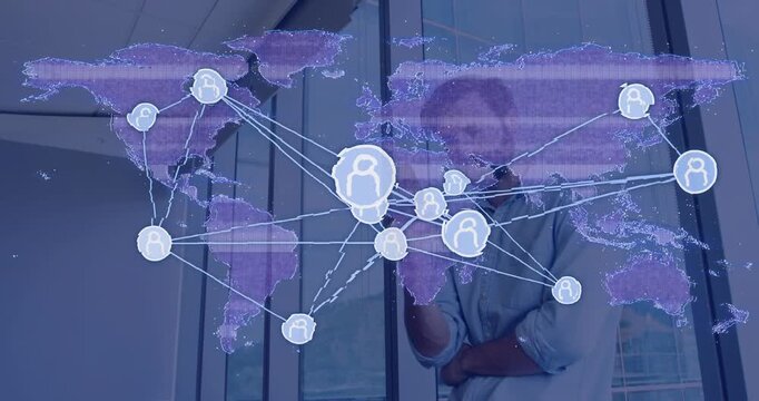 Businessman gesturing, making purple map overlay animate user icons and lines for business analysis