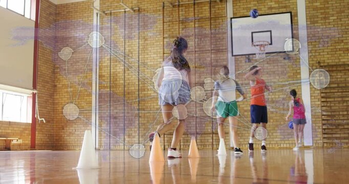 Teenage girl dribbling cones as coach lofting blue ball, overlay mapping movements for training