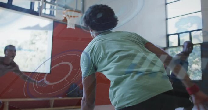Male ball-handler dribbling, cutting, elevating, scoring at rim, animated arc predicting shot