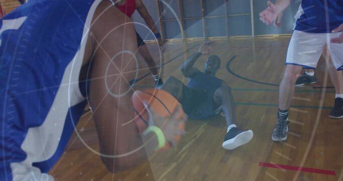 Blue #5 hoops defender stepping in paint as driver driving triggers HUD grabbing ball denying score