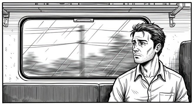 Man Sitting on Train Looking Out Window.