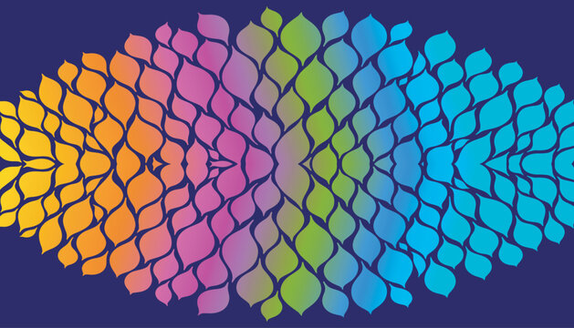 Abstract colorful gradient petal pattern symmetrical design on dark blue background.