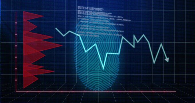 Centered fingerprint staying still while cyan line entering left, tracing biometric data, red flags