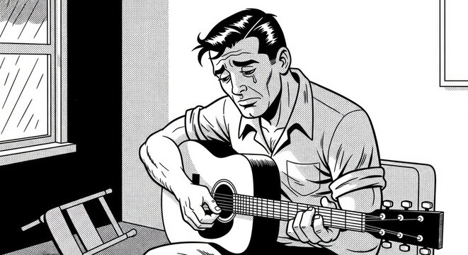 Man Playing Acoustic Guitar in Room.