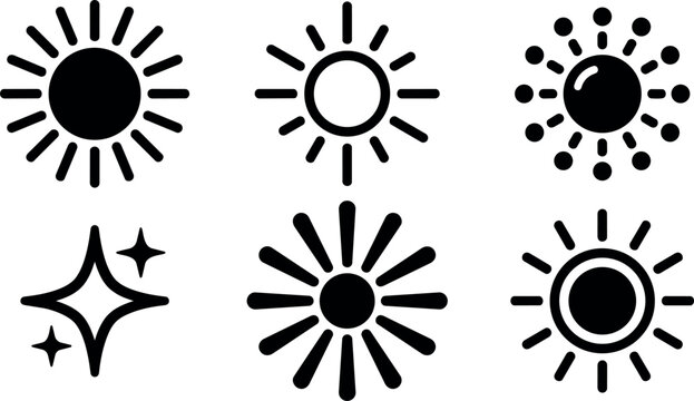 Black sun icons set with different rays and sparkle vector art