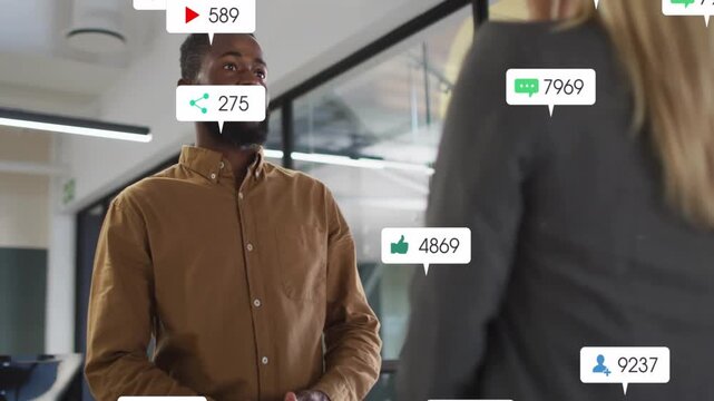 Man looking up at woman, gesturing while badges flooding and clustering around them for marketing