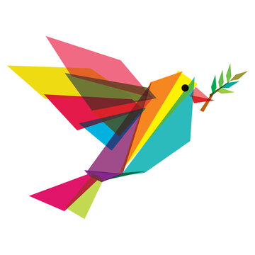 Abstract colorful peace dove with olive branch geometric shapes overlap and transparency isolated