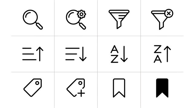 Modern line icons for user interface design, including essential tools for searching, data filtering, content sorting, and bookmarking. Perfect for enhancing web and mobile application usability