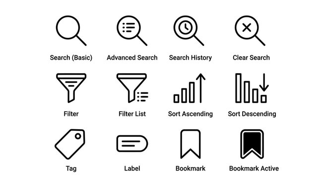 Collection of essential user interface icons for search, filter, sort, and organization functionalities in web and mobile applications, enhancing user experience
