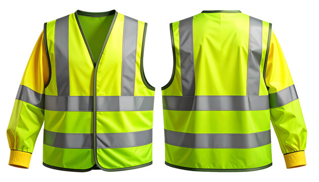Front and back views of a fluorescent yellow safety jacket with reflective stripes and sleeves