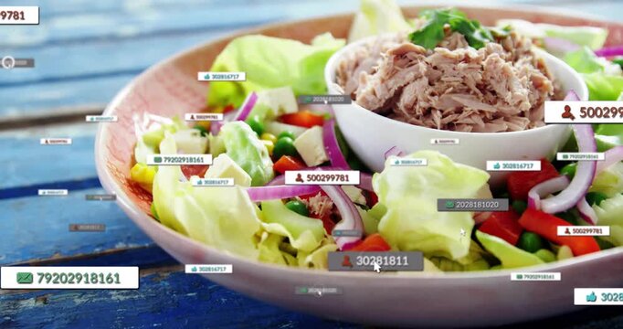 Camera revealing pink plate with tuna causing UI tags filling salad, cursor hovering, for food tech