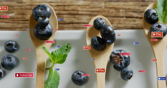 On post spoons with berries and mint receiving animated subscribe play like tags for food marketing