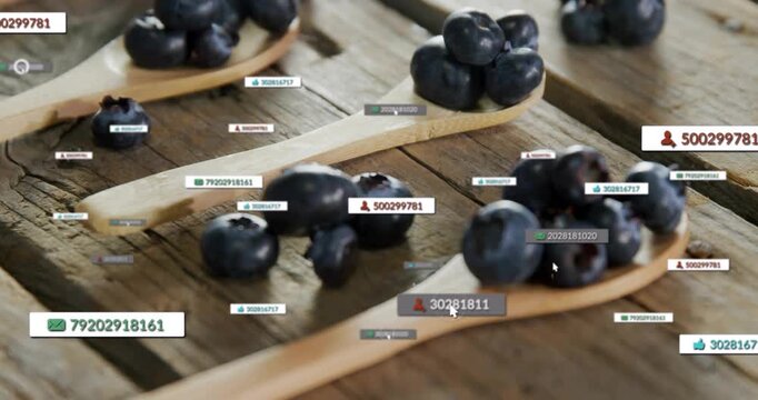 Dark blueberries on wood spoons, UI labels emerging from slats, cursor circling tags, tagging data