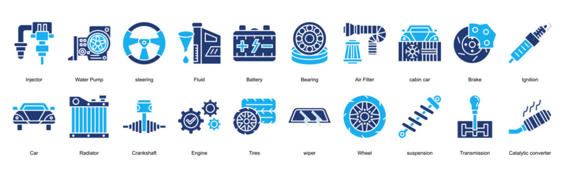 Car Maintenance Icon Set Collection Pack Banner Web Vector Illustration  Concept. Containing Injector, Water Pump, steering, Fluid, Battery, Bearing icon