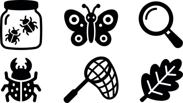 Black and white line art beetle butterfly net magnifying glass and leaf icons
