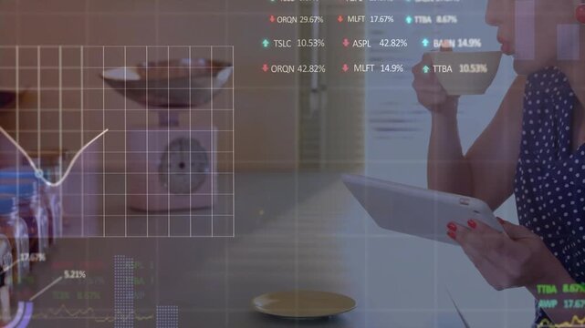 Hand entering picking up cup, woman reviewing finance, semi-transparent overlays reacting to taps