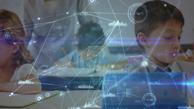 Teacher moving round desks urging class writing as education HUD showing data nodes over workbooks