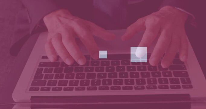 Male starting typing laptop entering office data while magenta overlay with two squares visible