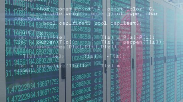 Data center racks showing teal matrix while data stream starting code overlays fingerprint forming