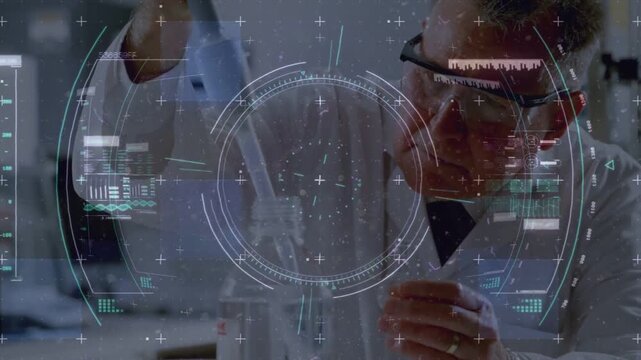 Lab scientist gripping pipette aligning flask while HUD scanlines sweeping guiding precise transfer