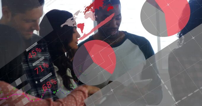 Team near windows, woman tapping tablet initiating animated charts and percentages for business