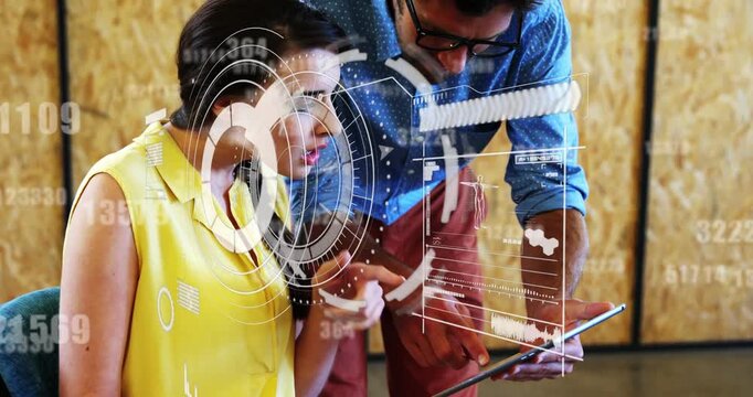 Man presenting tablet and pointing, woman leaning and tapping, reviewing business charts with HUD
