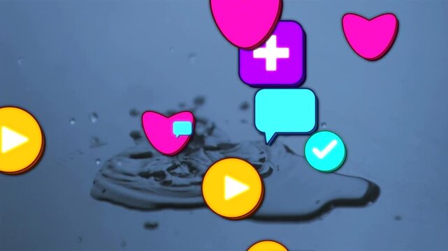 Puddle receiving droplet, forming crown splash while hearts, bubbles, play icons falling for design