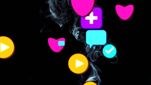 Rising smoke column attracting magenta hearts, play and speech icons on black, clustering